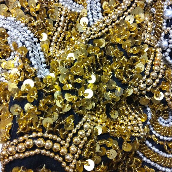 Vintage Ensemble SZ L Fully Beaded Sequin Black Gold Cocktail Formal Prom Dress - Picture 8 of 10